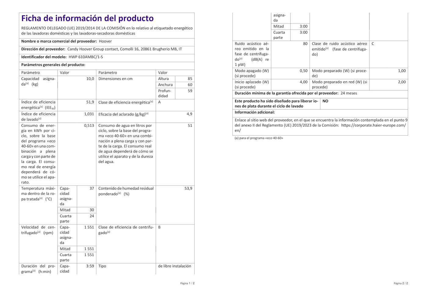 Hoover H-WASH 500 PRO HWP 610AMBC Waschmaschine / 10kg / 1600 U/Min. / Eco-Power Inverter Motor/Auto Care Programm/ActiveSteam Dampffunktion/Mengenautomatik Plus/WLAN