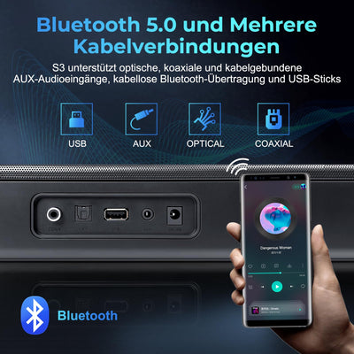 OXS S3 Soundbar für Fernseher, Heimkino-Audio mit Bluetooth 5.0, dynamischer Bass, 3D-Surround-Sound, Dialogverbesserung, AUX/optisch/koaxial kompatibel, mehrere Klangmodi, wandmontierbar