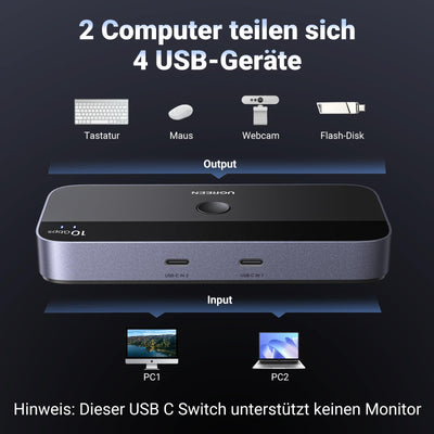 UGREEN USB C Switch 2PC 10Gbps USB Switch 3.2 2 In 4 Out mit Desktop Kontroller USB Umschalter Aluminiumgehäuse mit 2USB C auf C Kabeln für Tastatur, Maus, Drucker, USB Stick usw.