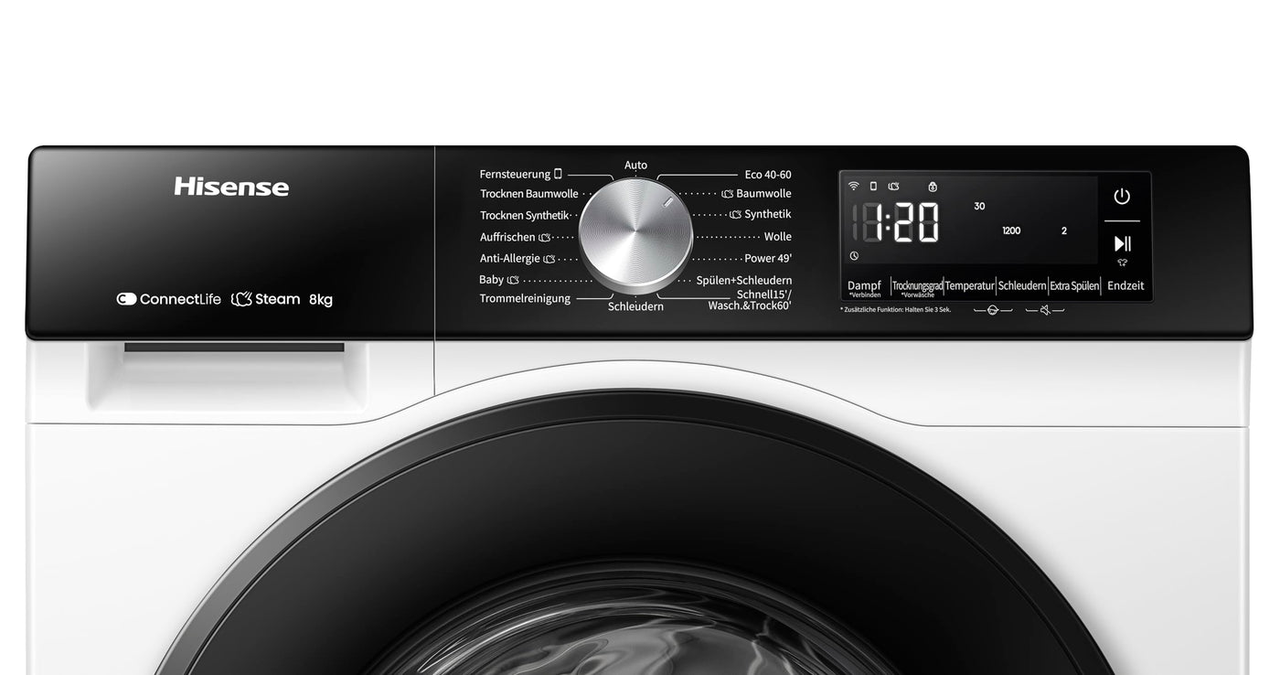 Hisense WD3S8043BW3 Waschtrockner/ConnectLife /16 Programme /8 KG, 54 Liter /1400 U/min/Dampffunktion/JetWash/Anti-Allergie Program/Auto Program/Eco Wash/Steam Refresh/Wolle/EEK A-D
