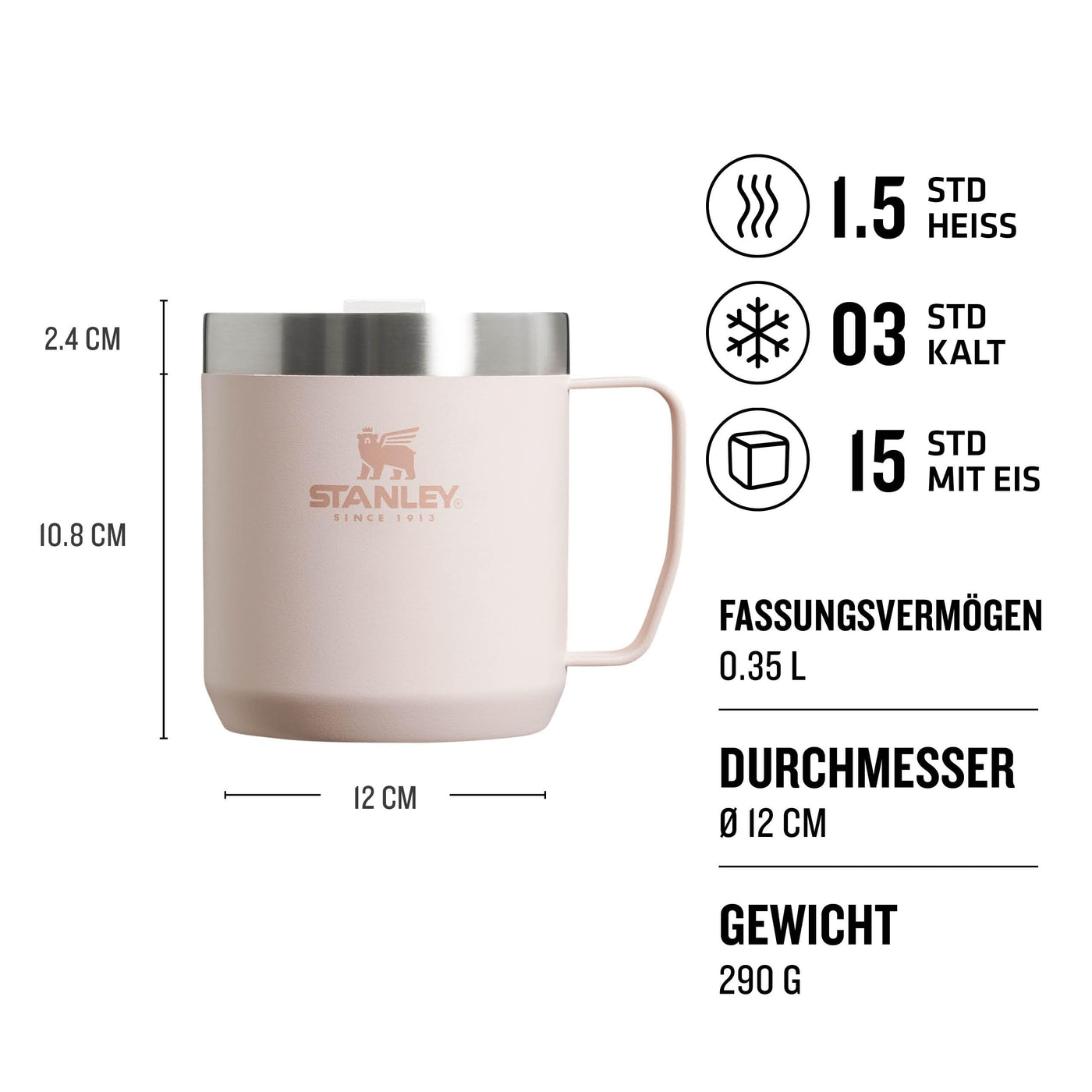 Stanley Classic Legendary Camp Mug Thermobecher 354 ml - Hält 1.5 Stunden Heiß - 3 Stunden Kalt - BPA-Frei - Spülmaschinenfest - Edelstahl Kaffeebecher To Go - Rose Quartz