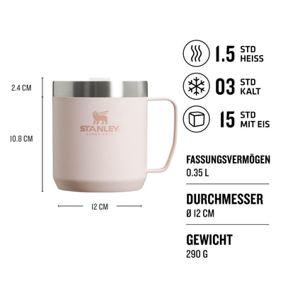 Stanley Classic Legendary Camp Mug Thermobecher 354 ml - Hält 1.5 Stunden Heiß - 3 Stunden Kalt - BPA-Frei - Spülmaschinenfest - Edelstahl Kaffeebecher To Go - Rose Quartz