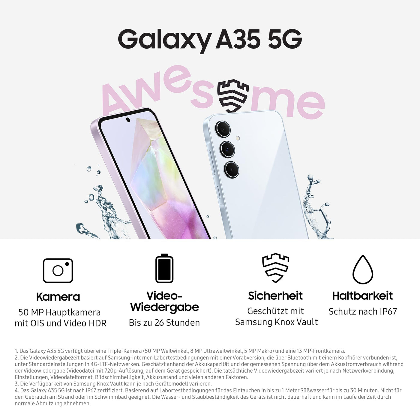 Samsung Galaxy A35 5G Smartphone, Android-Handy ohne Vertrag, 256 GB / 8 GB RAM, 2 Tage Akkulaufzeit, 50-MP-Kamera, Awesome Lilac, 2,5 Jahre Herstellergarantie