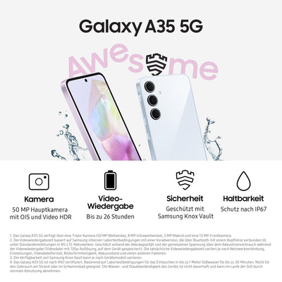 Samsung Galaxy A35 5G Smartphone, Android-Handy ohne Vertrag, 256 GB / 8 GB RAM, 2 Tage Akkulaufzeit, 50-MP-Kamera, Awesome Lilac, 2,5 Jahre Herstellergarantie