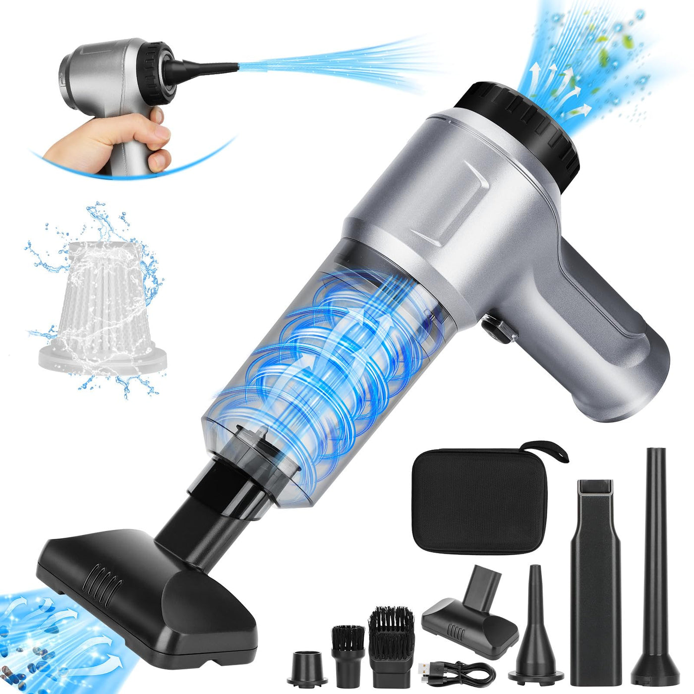 VEUWOLM Handstaubsauger, 12000Pa Handstaubsauger Akku, 3 in 1 Auto Staubsauger Staubgebläse Druckluft Handsauger, USB Wiederaufladbarer Mini Staubsauger, Tastatursauger für Auto, Haus, Büro, Silber