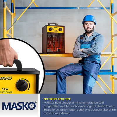 Masko® Elektroheizer Heizlüfter Bauheizer 3 KW mit integriertem Thermostat elektrisch Heizgerät 3000 Watt 3 Heizstufen Heizgebläse für Innen- und Außeneinsatz Überlastschutz Elektroheizgebläse Gelb