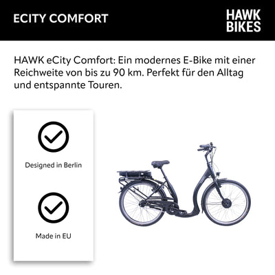 HAWK eCity Comfort E-Bike Herren & Damen 250W I Fahrrad mit Aluminiumrahmen I E Bike Herren 26 Zoll mit tiefem Einstieg 7 Gang Nabenschaltung