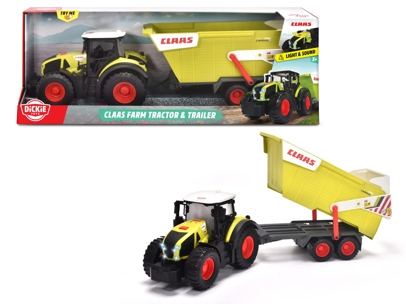 Dickie Toys CLAAS Traktor mit Anhänger (64 cm) - Traktor Spielzeug ab 3 Jahren mit Freilauf, Licht & Sound, Kippfunktion & Heckklappe - Bauernhof Spielzeug für Kinder, inkl. Batterien - 203739004