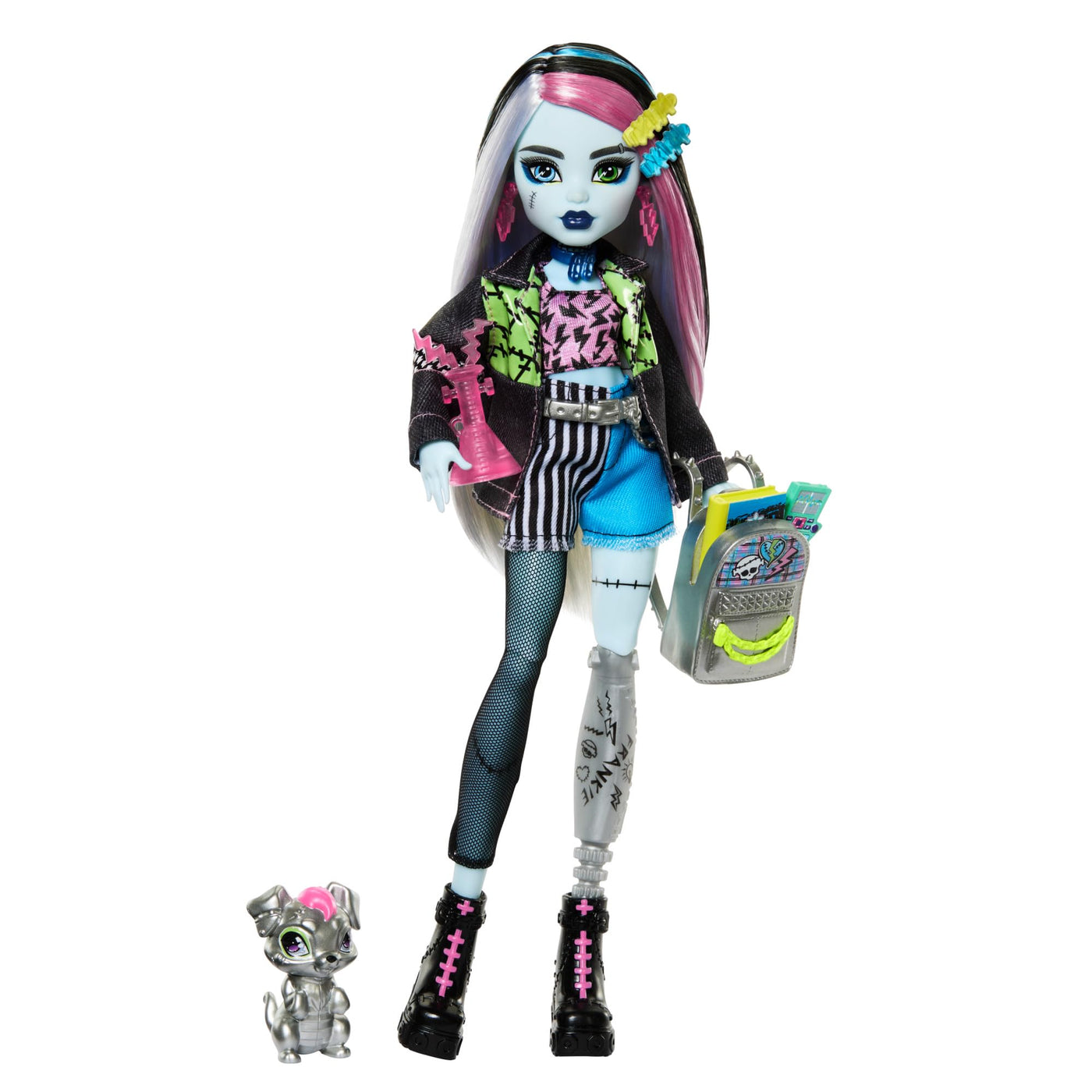 Monster High Frankie Stein-Puppe in Jeansjacke und Shorts, zum Lieferumfang gehören auch Ihr Hund Watzie und Zubehörteile wie EIN Rucksack, EIN Snack und EIN Notizbuch, HXH73