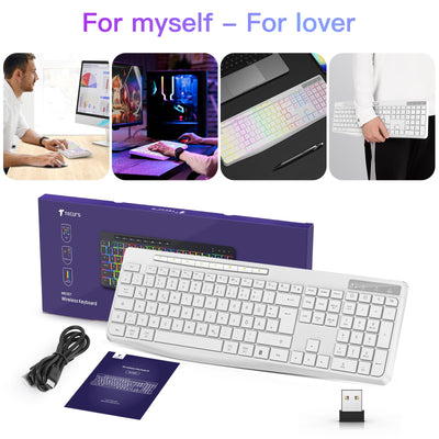 TECURS Tastatur Kabellos Gaming – Leise Tastatur QWERTZ Beleuchtete Ergonomische wasserdichte 2,4 GHz LED-Tastatur für Windows/Mac/PS4/Xbox mit Multimedia-Tasten Weiß
