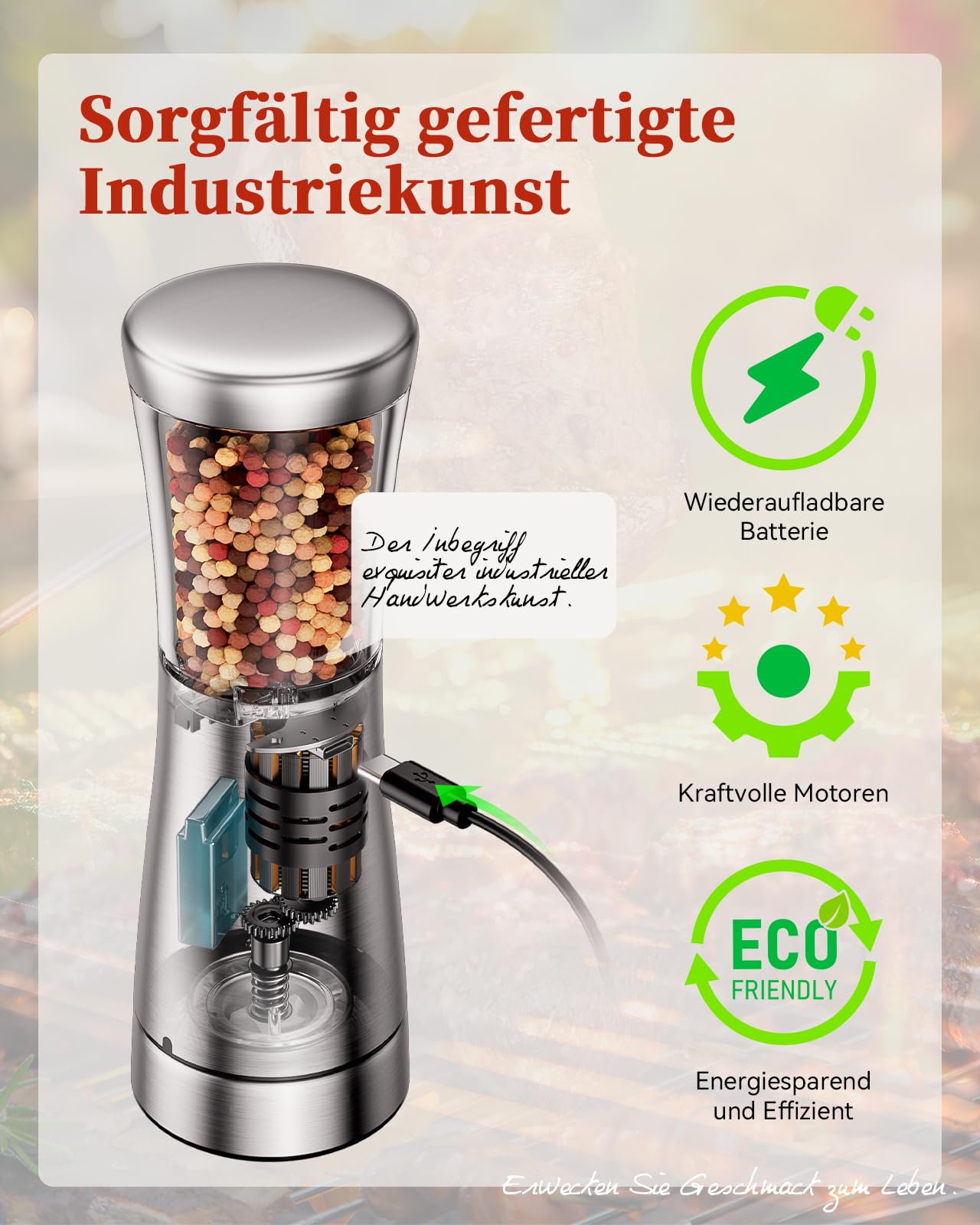 Salz und Pfeffermühlen elektrisch 2er Set aus Edelstahl (Wiederaufladbar, LED Beleuchtung, mit einstellbarem Keramikmahlwerk, Reinigungsbürste Bürste) Gewürzmühle elektrisch