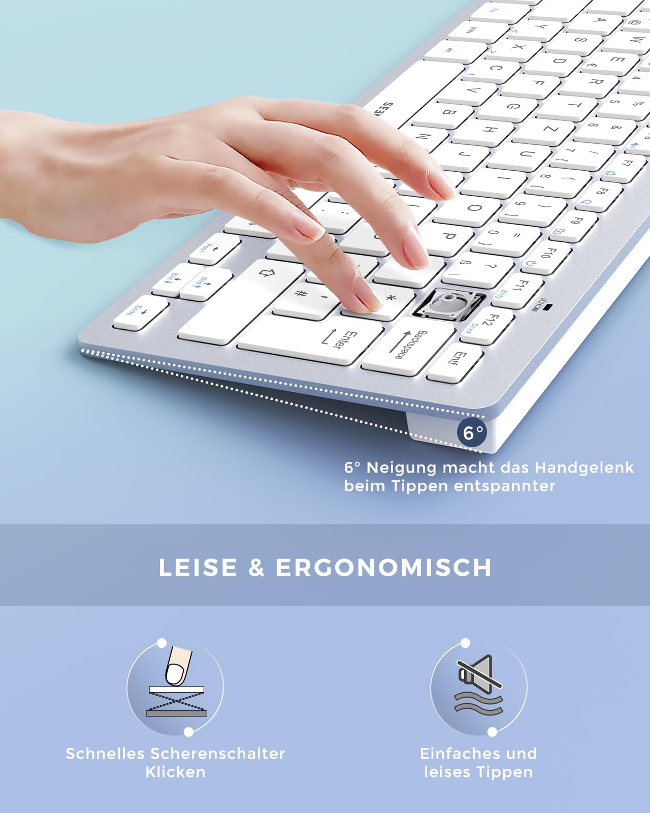 seenda Funktastatur mit Maus, Kleine Tastatur Maus Set kabellos mit USB Empfänger für PC/Laptop/Desktop/TV, Ultradünne 70% Tastatur mit QWERTZ Layout, Weiß & Silber