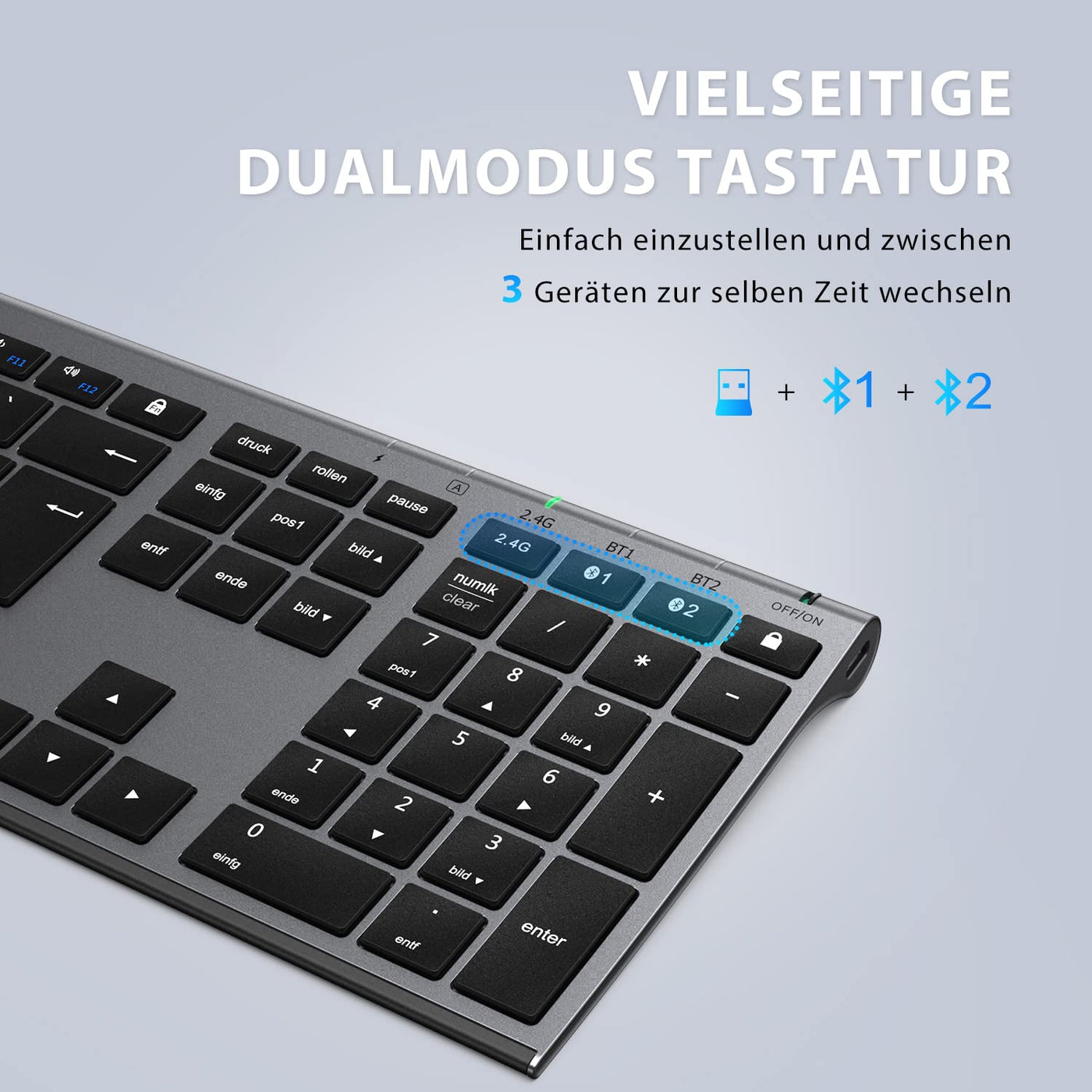iClever Bluetooth Tastatur und Maus, Wiederaufladbare Dualmodus (Bluetooth 4.2+2.4G) Kabellose Tastatur Maus Set, Extrem-Dünne Multi-Funktionale für Mac, Andoid, Windows