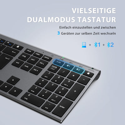 iClever Bluetooth Tastatur und Maus, Wiederaufladbare Dualmodus (Bluetooth 4.2+2.4G) Kabellose Tastatur Maus Set, Extrem-Dünne Multi-Funktionale für Mac, Andoid, Windows