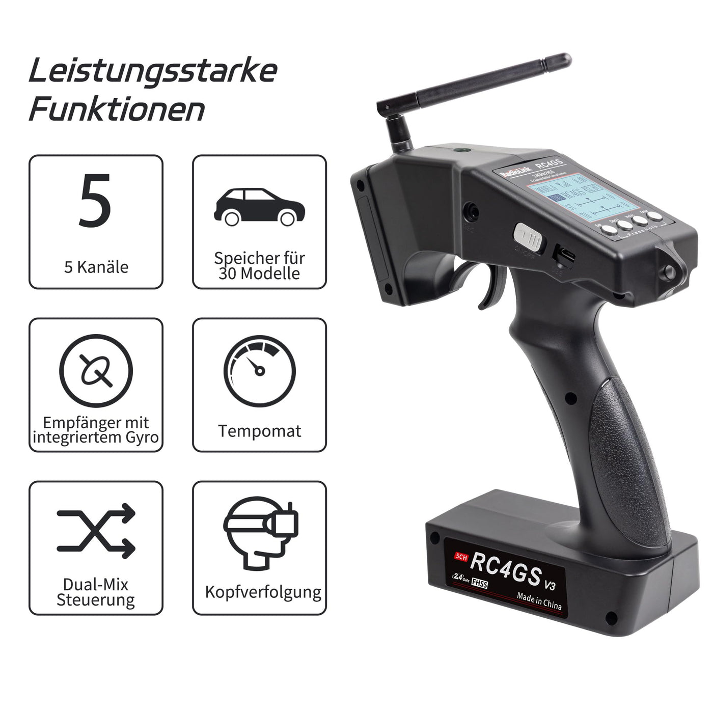 Radiolink RC4GS V3 5 Kanäle RC Fernsteuerung mit Empfänger Set R6FG Gyro-integriert 2.4 GHz RC Fernbedienung Sender für Modellbau wie Auto Crawler Truck Boot