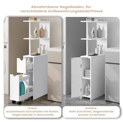 EUGAD Nischenschrank Badezimmer, mit Schublade auf Rollen, offenen Ablagen, Badschrank Badezimmerschrank schmal, Seitenschrank Küchenschrank Mehrzweckschrank, Weiß, 19x113x45 cm (BxHxT)