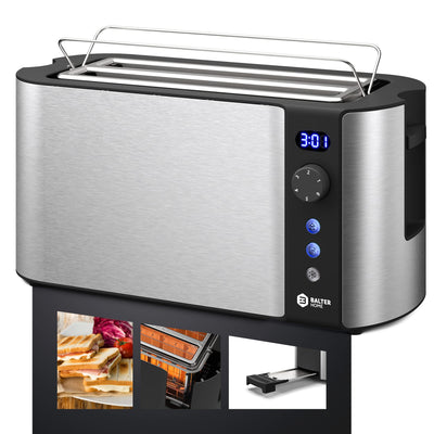 Balter Toaster 4 Scheiben, Langschlitz, Edelstahl, Brötchenaufsatz, LCD Display mit Restzeitanzeige, Auftaufunktion, Brotzentrierung, Krümelschublade, TS-04-LCD, Farbe: Silber