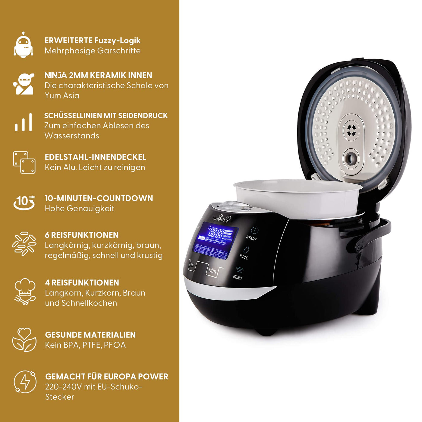 Yum Asia Sakura Reiskocher mit Keramikschale und Advanced Fuzzy Logic (8 Tassen, 1,5 Liter), 6 Reiskochfunktionen, 6 Multikocherfunktionen, Motouch LED-Display, 220-240V EU (schwarz und silber)