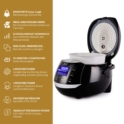 Yum Asia Sakura Reiskocher mit Keramikschale und Advanced Fuzzy Logic (8 Tassen, 1,5 Liter), 6 Reiskochfunktionen, 6 Multikocherfunktionen, Motouch LED-Display, 220-240V EU (schwarz und silber)