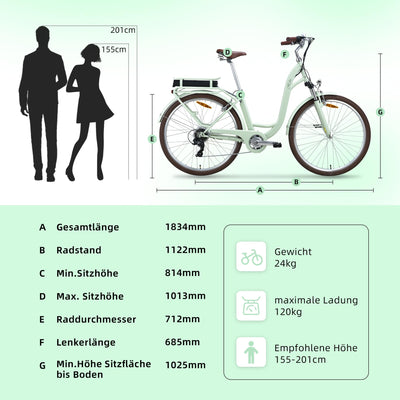 VecoCraft E-Bike City Elektrofahrrad für Herren und Damen 28 Zoll 7-Gang-Modus 3 Fahrmodi mit 10 Ah Akku 36V 250W Heckmotor RH 46 cm (Olivgrün)