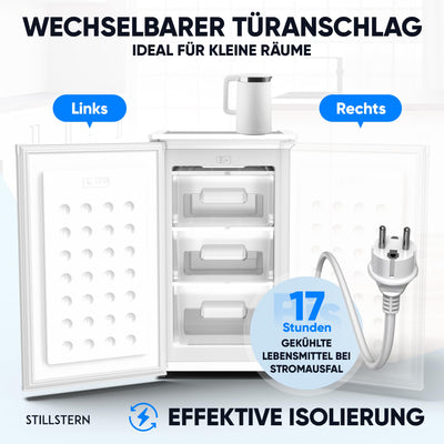 Stillstern Gefrierschrank C (73L) 4-Sterne-Gefrierfach -18°C, geringer Energieverbrauch, 3 Fächer, stufenlos regelbare Temperatur, wechselbarer Türanschlag, Gefrierschrank Klein, Tiefkühlschrank