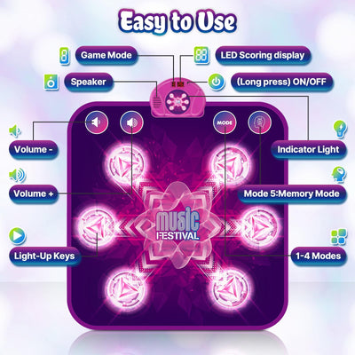 Tanzmatte für Kinder ab 4-12 Jahre Mädchen, Musikmatte mit 6 Leuchtenden Pfeilen, 5 Spielmodi und LED Anzeige, Weihnachten Geburtstag Spielzeug Geschenke für Junge & Mädchen