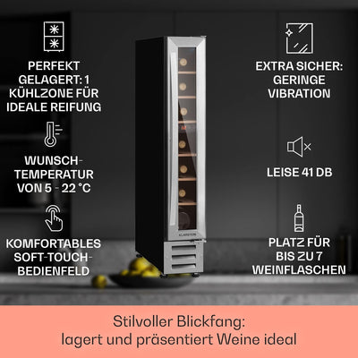 Klarstein Weinkühlschrank, 1 Zonen Getränkekühlschrank, Kleiner Einbau-Weinschrank Schmal, 20L Wein-Kühlschrank mit Glastür, Indoor/Outdoor Flaschenkühlschrank, Wine Fridge 5-22°C, 7 Flaschen