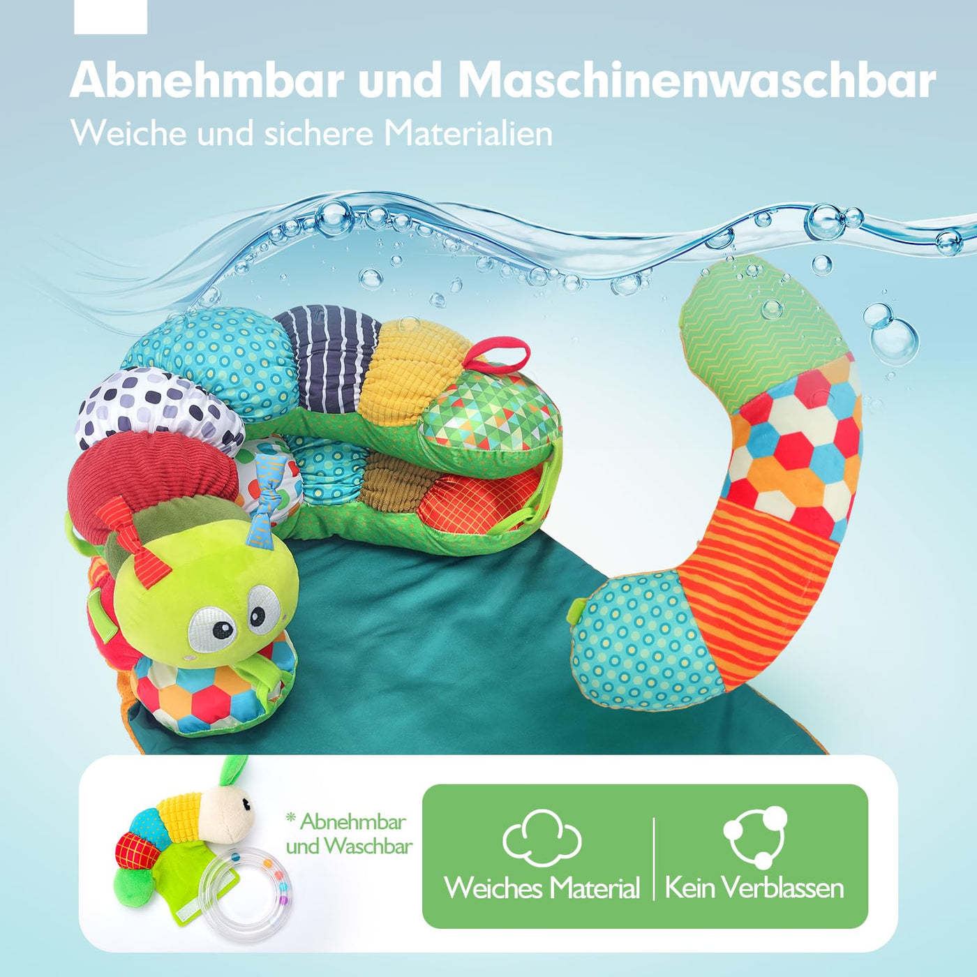 hahaland Baby Spielzeug 3 6 9 12 Monate,3 in 1 Abnehmbar Raupe für Baby Bauchlage Helfen Sitzen Stützen,Tummy Time Toys Spielkissen mit Rassel, Beißring, Spiegel für Babyspielzeug ab 0-6-12 Monate