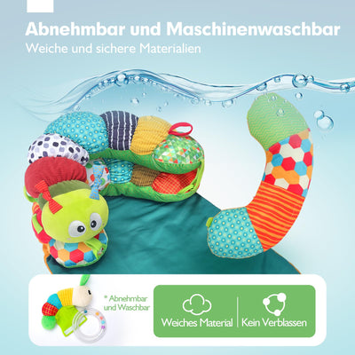 hahaland Baby Spielzeug 3 6 9 12 Monate,3 in 1 Abnehmbar Raupe für Baby Bauchlage Helfen Sitzen Stützen,Tummy Time Toys Spielkissen mit Rassel, Beißring, Spiegel für Babyspielzeug ab 0-6-12 Monate