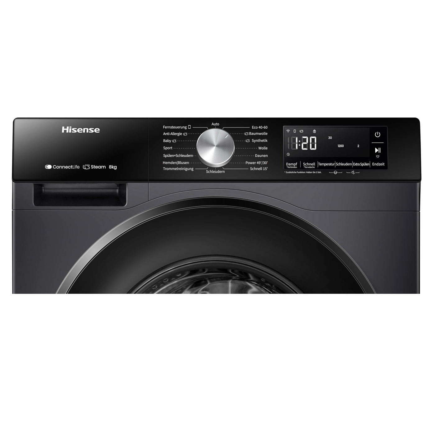 Hisense WF3S8043BB3 Waschmachine mit Dampffunkunktion, 8 kg, 1400 U,min, WIFI, ConnectLife, Power JetWash, Anti-Allergie Programm, Aqua Stop, Auto Wash, Quick Wash, EEK A-30 Prozent
