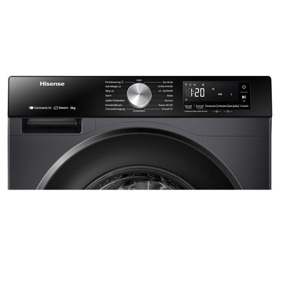 Hisense WF3S8043BB3 Waschmachine mit Dampffunkunktion, 8 kg, 1400 U,min, WIFI, ConnectLife, Power JetWash, Anti-Allergie Programm, Aqua Stop, Auto Wash, Quick Wash, EEK A-30 Prozent