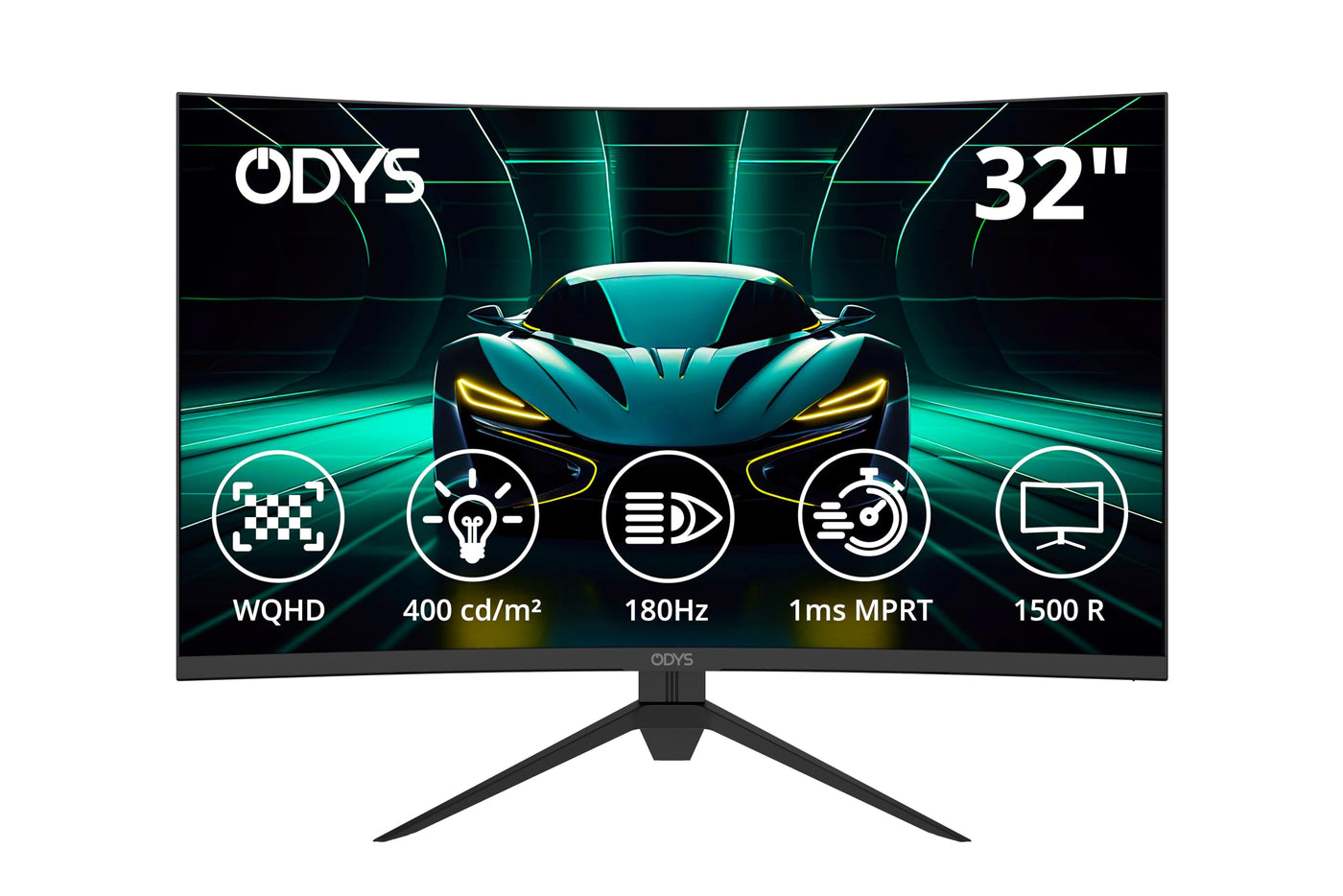 ODYS XP32 PRO-X - Curved Gaming Monitor 32 Zoll (80 cm), 180 Hz, WQHD (2.560x1.440 px), 2,4 ms (GtG) Reaktionszeit, HDR, 1500R, FreeSync/G-Sync kompatibel, Eye Care, HDMI, Display Port, 3,5mm Audio