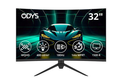 ODYS XP32 PRO-X - Curved Gaming Monitor 32 Zoll (80 cm), 180 Hz, WQHD (2.560x1.440 px), 2,4 ms (GtG) Reaktionszeit, HDR, 1500R, FreeSync/G-Sync kompatibel, Eye Care, HDMI, Display Port, 3,5mm Audio