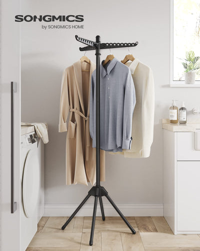 SONGMICS Wäscheständer, Standtrockner, 3 drehbare Armen für Kleiderbügel, Wäschespinne, 4 Beine, für Innenbereich, Edelstahl, für bis zu 27 Kleidungsstücke, 150 cm hoch, schwarz LLR510B01