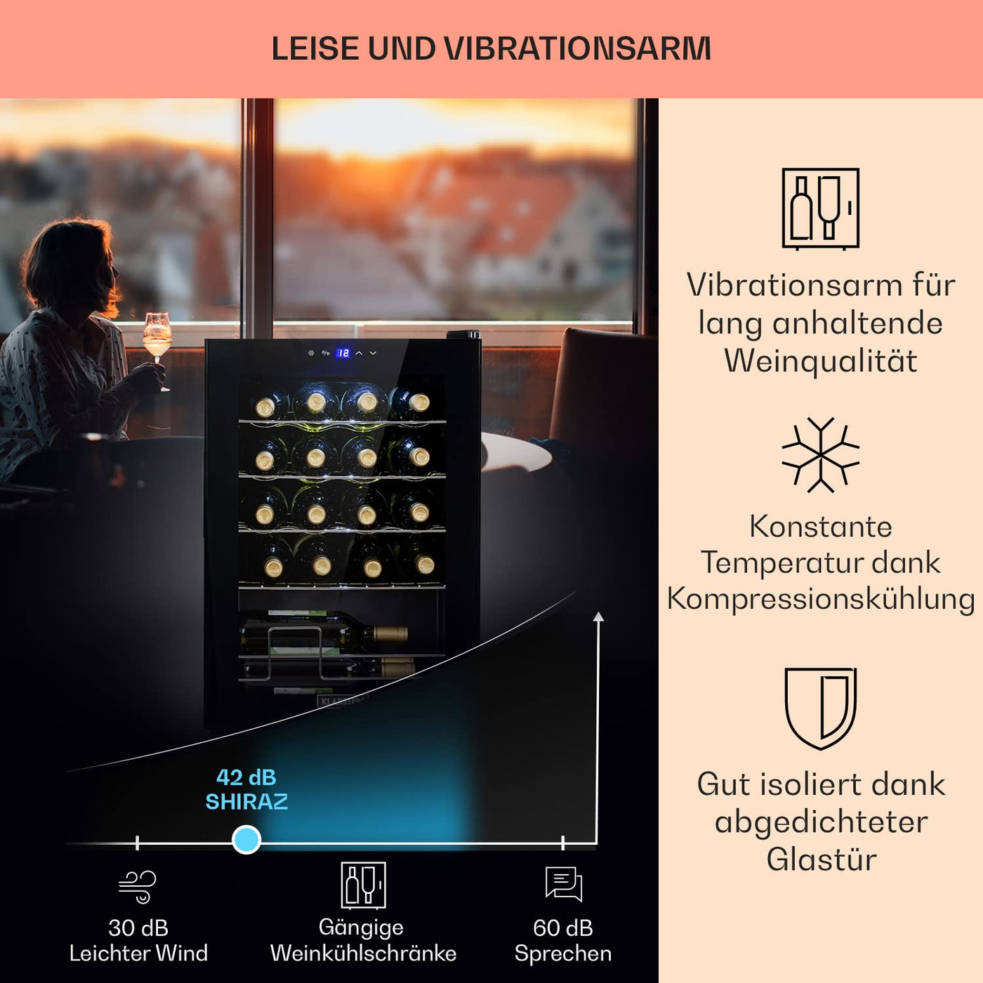 Klarstein Weinkühlschrank, 1 Zonen Getränkekühlschrank Klein, Kleiner Weinschrank 53L, Wein-Kühlschrank Klein mit Glastür, Indoor/Outdoor Flaschenkühlschrank, Wine Fridge 5-18°C, 20 Flaschen