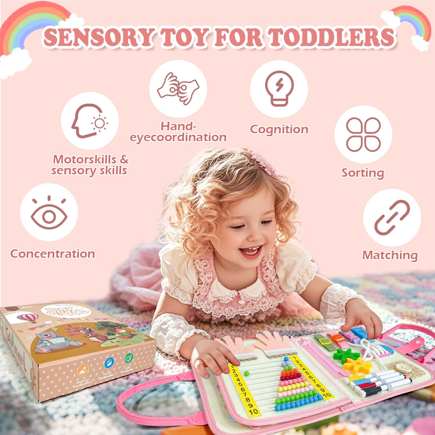 Sumtoco Busy Board, Montessori Spielzeug 2 Jahre, 9 In 1 Montessori Activity Board, Busy Board Ab 1 2 Jahr, Kinderspielzeug Ab 1 Jahr, Geschenk Für Spielzeug Ab 1 2 3 4 Mädchen, Quiet Book