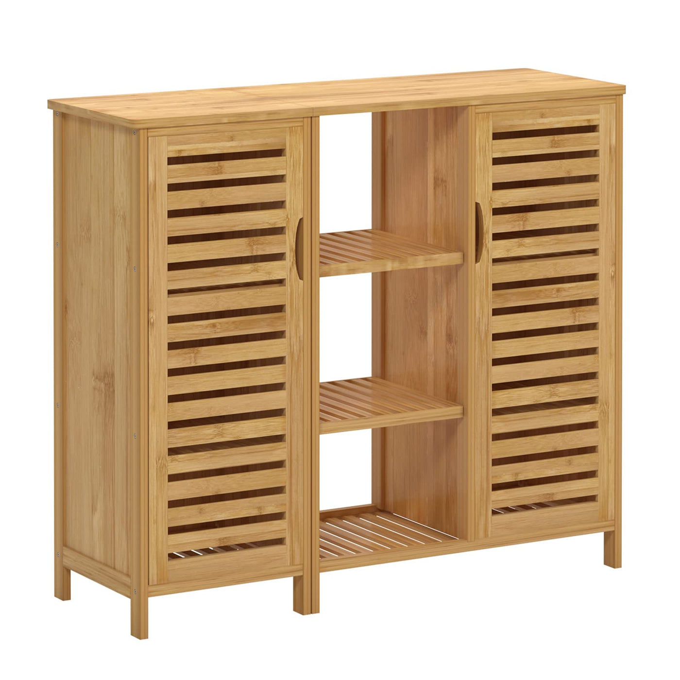 sogesfurniture Badschrank Bambus, Badezimmerschrank, Beistellschrank mit 4 Ablagen und 2 Lamellentüren Aufbewahrungsschrank für Badezimmer, Wohnzimmer, Küche, 100x33x87cm