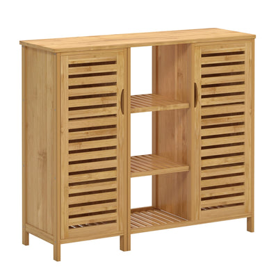 sogesfurniture Badschrank Bambus, Badezimmerschrank, Beistellschrank mit 4 Ablagen und 2 Lamellentüren Aufbewahrungsschrank für Badezimmer, Wohnzimmer, Küche, 100x33x87cm
