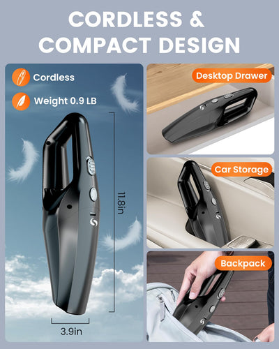 SERVOMASTER Handstaubsauger 12000Pa, Handstaubsauger Akku kabellos, Leistungsstarker Auto Staubsauger Wiederaufladbar, Mini Staubsauger mit Waschbar Edelstahl HEPA-Filter für Auto Haus Büro, Tierhaare
