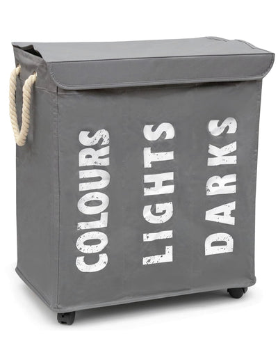 hausratplus osoltus Wäschebox - Wäsche-Sortierer mit Deckel & Rollen - Bad-Organzier - Wäschekorb - Wäschetruhe - Badezimmer Wäsche-Sortiersystem - Grau