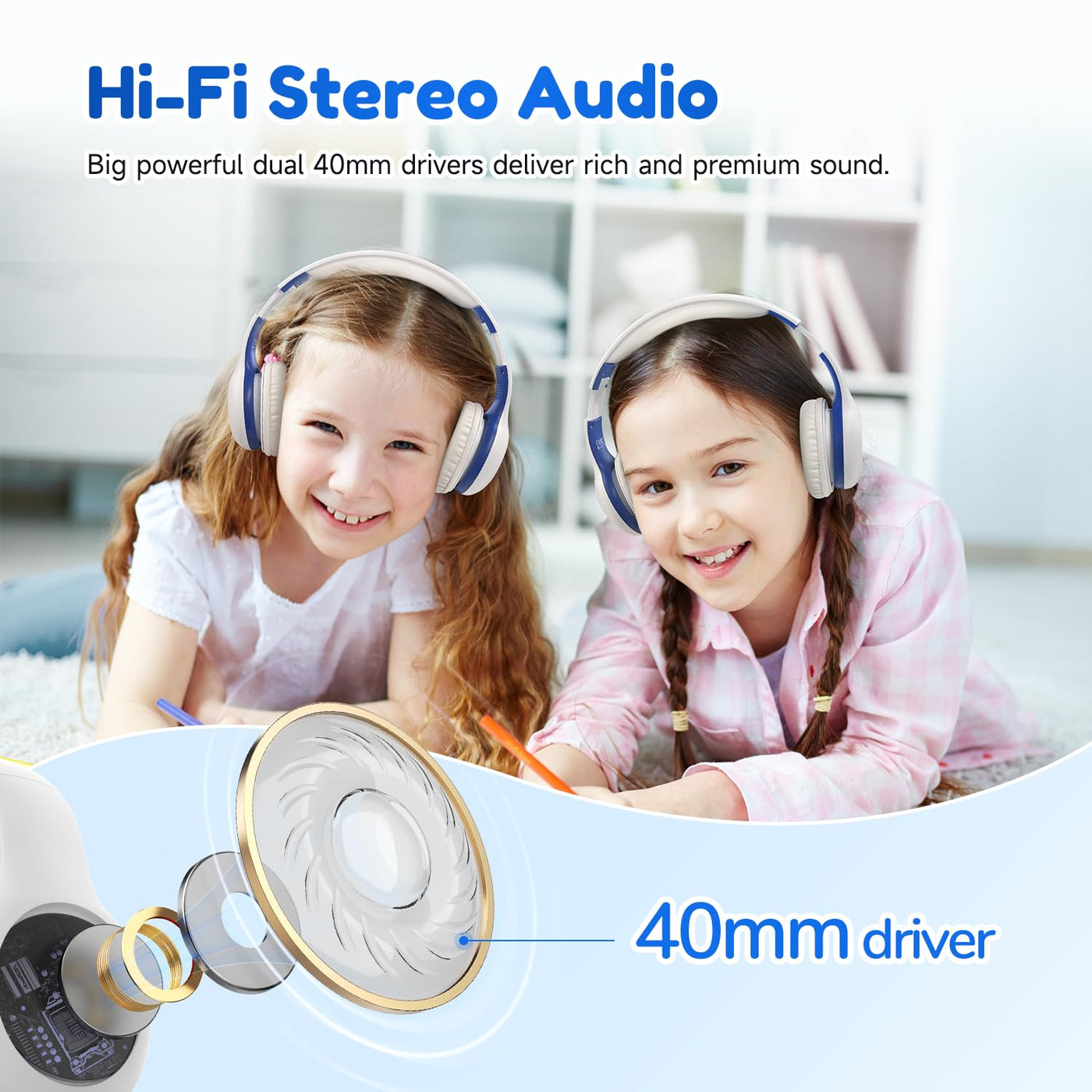 EarFun Bluetooth Kopfhörer Kinder, 85/94dB Lautstärkeregelung, HiFi Sound, HD-Mikrofon, 40 Std Akku, Faltbare, Einstellbar, Kopfhörer Kabellos Bluetooth Kinder für Schule/Reise/PC, Weiß