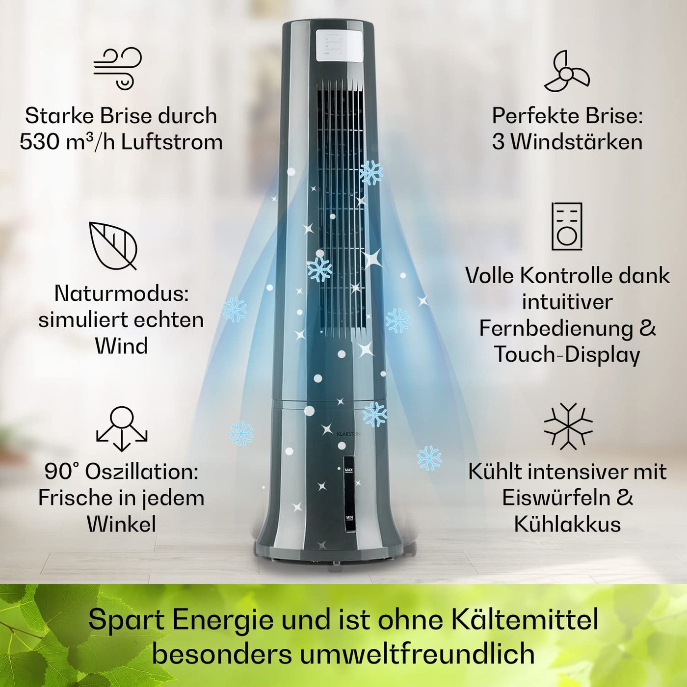 Klarstein Klimaanlage ohne Abluftschlauch, 4-in-1 Air Cooler, Leiser Ventilator, Luftbefeuchter & Nachtmodus, Mobiles Klimagerät mit Wasserkühlung, Luftkühler 40 Watt, Luftstrom 530m³/h, Silbergrau