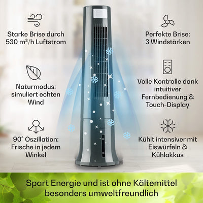 Klarstein Klimaanlage ohne Abluftschlauch, 4-in-1 Air Cooler, Leiser Ventilator, Luftbefeuchter & Nachtmodus, Mobiles Klimagerät mit Wasserkühlung, Luftkühler 40 Watt, Luftstrom 530m³/h, Silbergrau