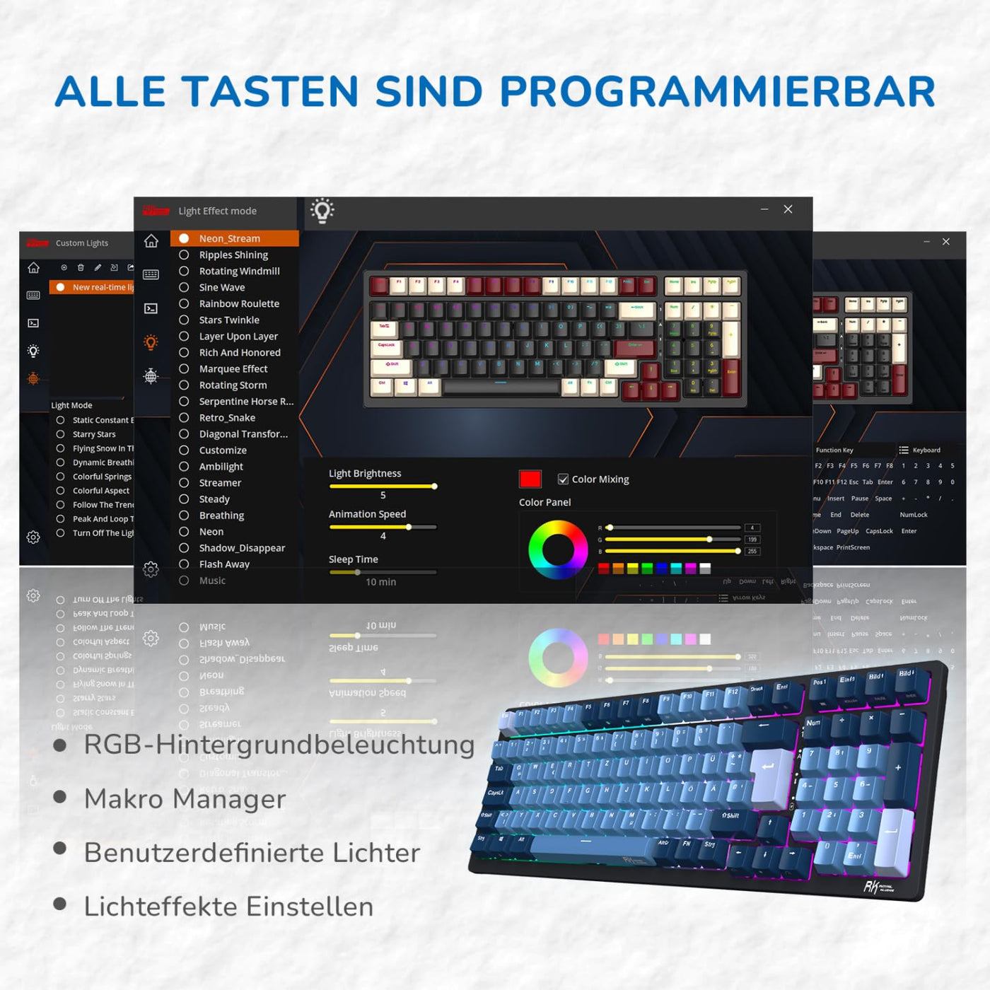 RK ROYAL KLUDGE RK98 Mechanische Tastatur Kabellose Gaming Tastatur 2.4G/Bluetooth 5.1/USB-C RGB Hinterleuchtet Deutsches Layout QWERTZ 100 Tasten Hot Swappable Braune Schalter, Blau