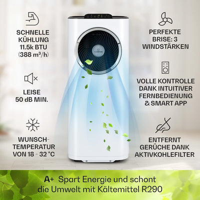 Klarstein Mobile Klimaanlage, 5-in-1 Klimagerät, Ventilator, Luftentfeuchter, Luftreiniger & Nachtmodus, App-Steuerung, Wohnung mit Abluftschlauch, Air Conditioner, 11.500 BTU, Anthrazit