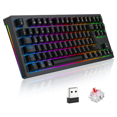 TECURS Gaming Tastatur - Mechanische Tastatur Kabellos Programmierbare 80% TKL QWERTZ mit Rote Schalter, RGB-Beleuchtung, Multimedia-Tasten, Mechanical Keyboard für PC/Mac/PS4/PS5, Schwarz