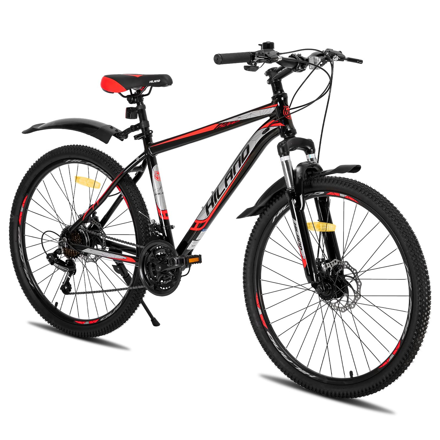 Hiland 27,5 Zoll Mountainbike 21-Gang MTB Aluminiumrahmen Scheibenbremse Speichenräder Jugendliche Fahrad Herr Damen Einteiliges Fahrradrad Schwarz&Rot