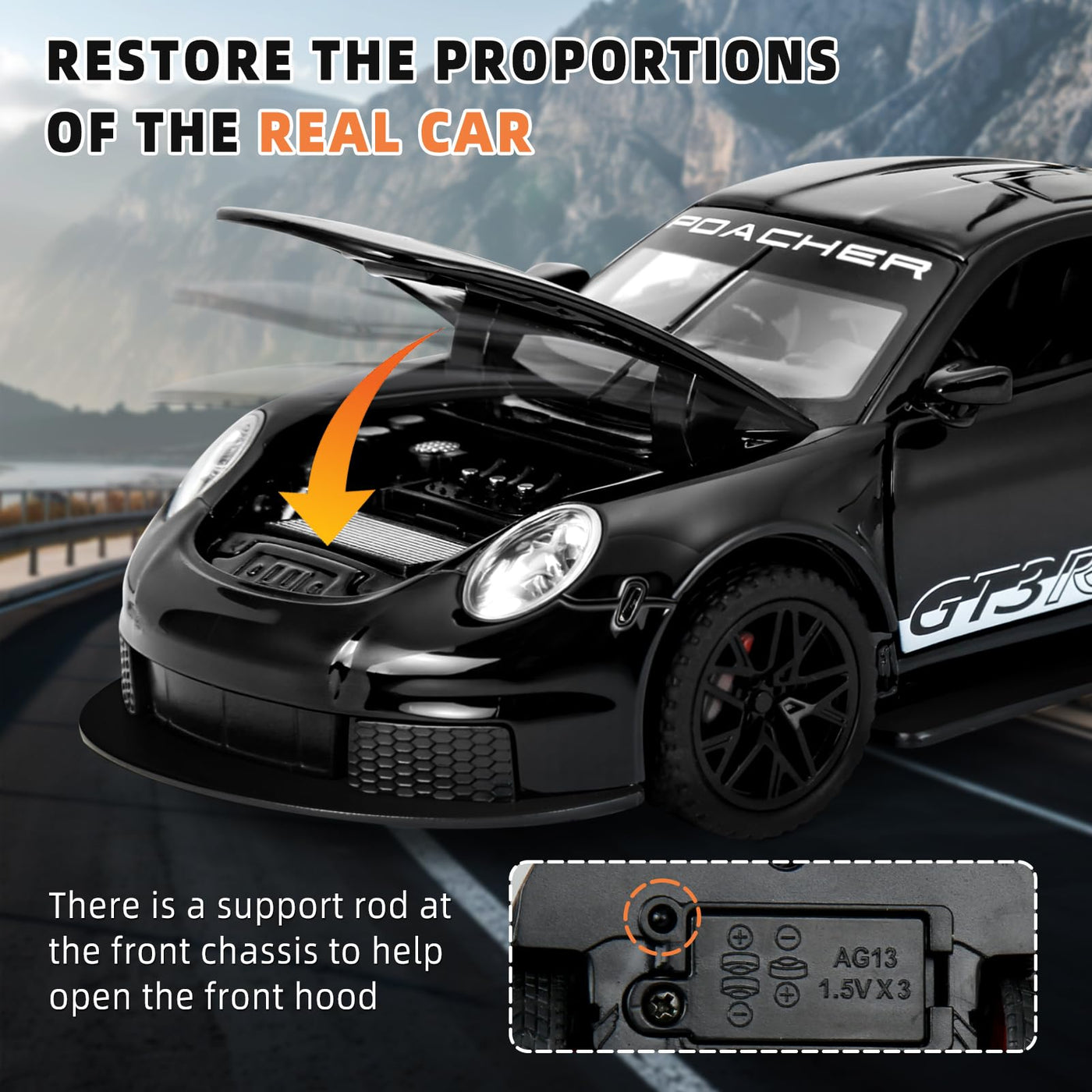 MODVKVK 911 GT3RS Modellauto 1:32, Spielzeugautos aus Druckgussmetall, Kinderspielzeugauto mit Ton und Licht mit Rückziehfunktion für Kinder ab 3 Jahren und Autosammler (Schwarz)