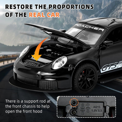 MODVKVK 911 GT3RS Modellauto 1:32, Spielzeugautos aus Druckgussmetall, Kinderspielzeugauto mit Ton und Licht mit Rückziehfunktion für Kinder ab 3 Jahren und Autosammler (Schwarz)