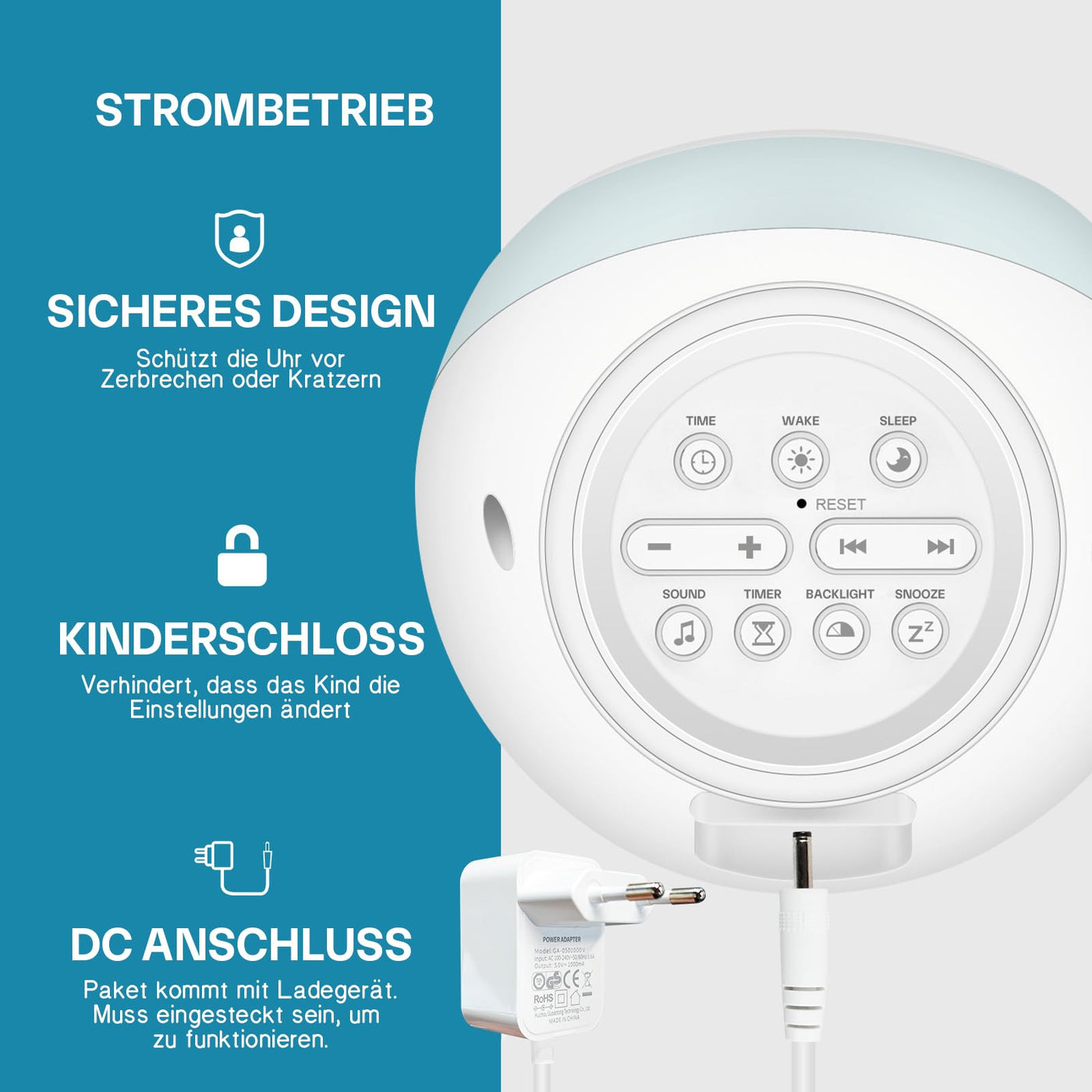 I·Code Wecker Kinder, Kinder Schlaftrainer Kinderwecker mit Nachtlicht, Schlaf Sound Maschine, Schlaf Timer